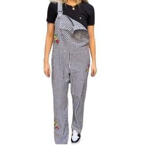 Teddy Fresh Black White Gingham Embroidered Overalls Womens Size L